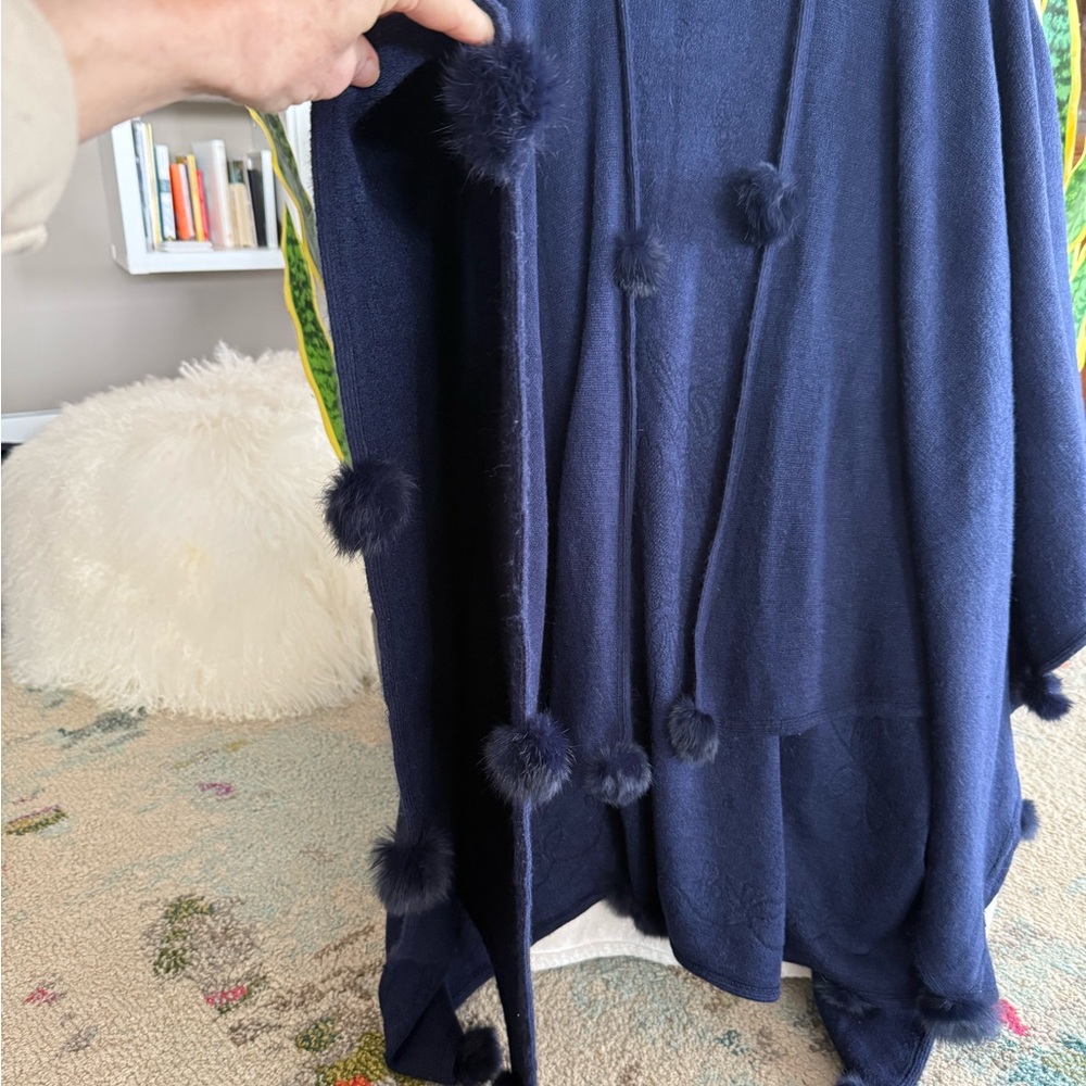 Indigo wrap with real fur pom poms.